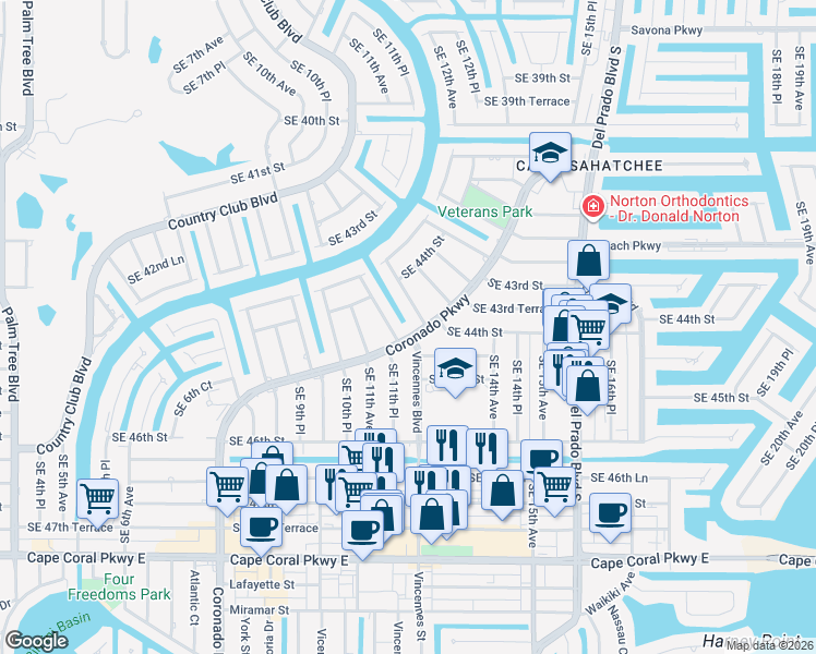 map of restaurants, bars, coffee shops, grocery stores, and more near 4435 Southeast 11th Place in Cape Coral