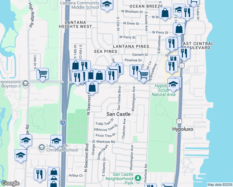 map of restaurants, bars, coffee shops, grocery stores, and more near 1274 West Frangipani Circle in Lantana