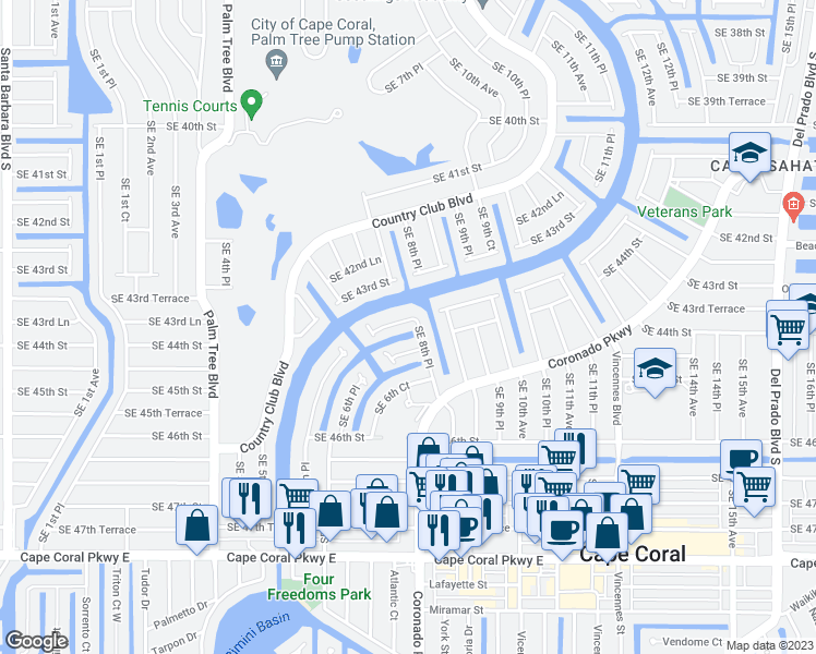 map of restaurants, bars, coffee shops, grocery stores, and more near 734 Southeast 43rd Terrace in Cape Coral