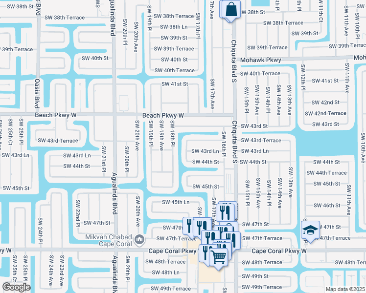 map of restaurants, bars, coffee shops, grocery stores, and more near 4328 Southwest 18th Avenue in Cape Coral