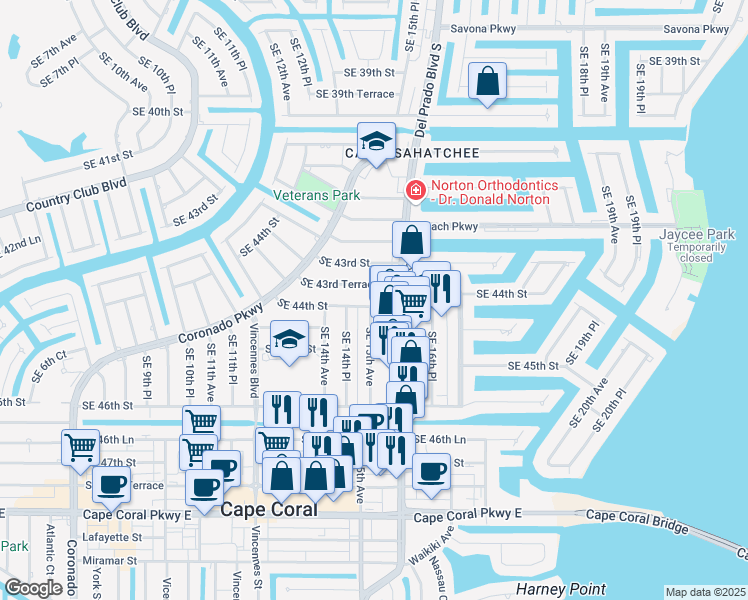 map of restaurants, bars, coffee shops, grocery stores, and more near 1503 Southeast 44th Street in Cape Coral