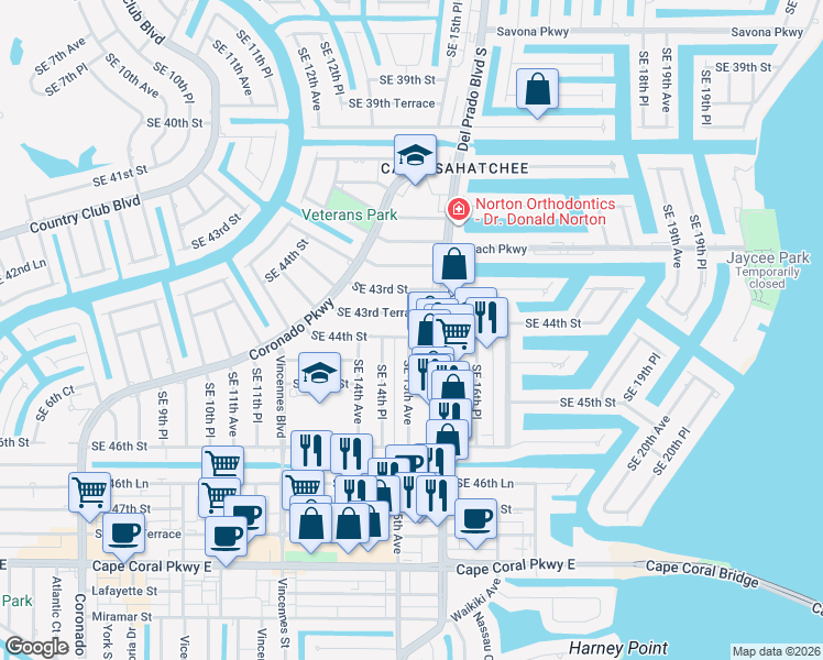 map of restaurants, bars, coffee shops, grocery stores, and more near 1503 Southeast 44th Street in Cape Coral
