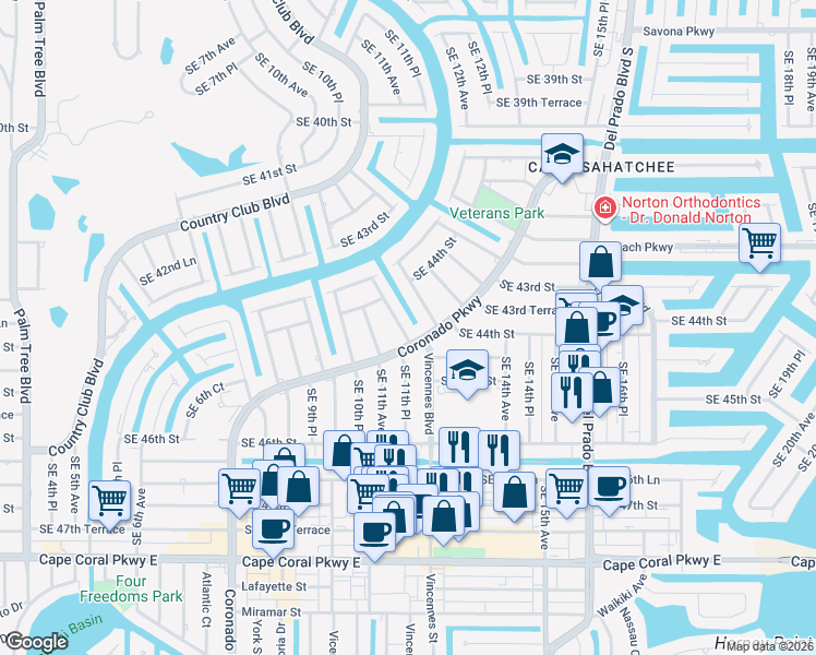 map of restaurants, bars, coffee shops, grocery stores, and more near 4435 Southeast 11th Place in Cape Coral
