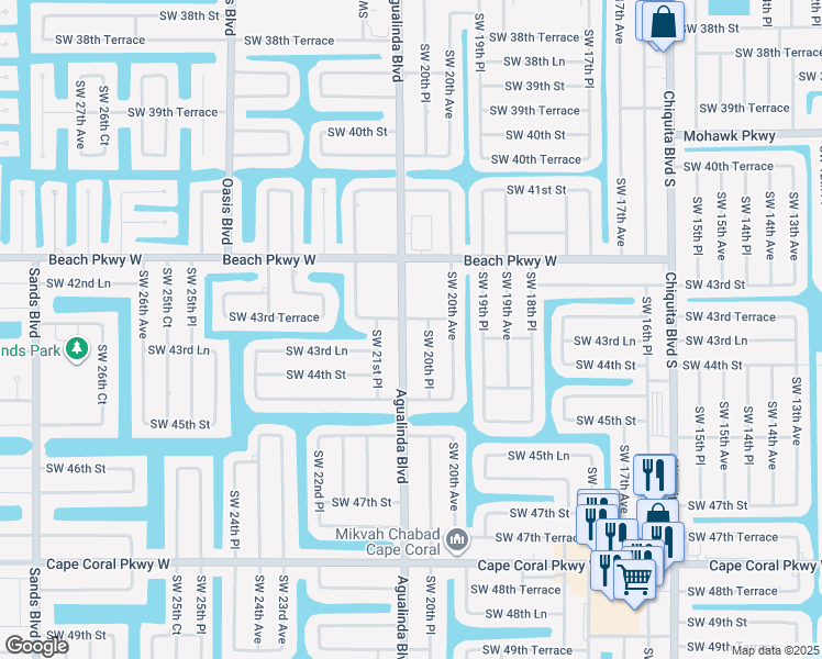 map of restaurants, bars, coffee shops, grocery stores, and more near 4329 Agualinda Boulevard in Cape Coral