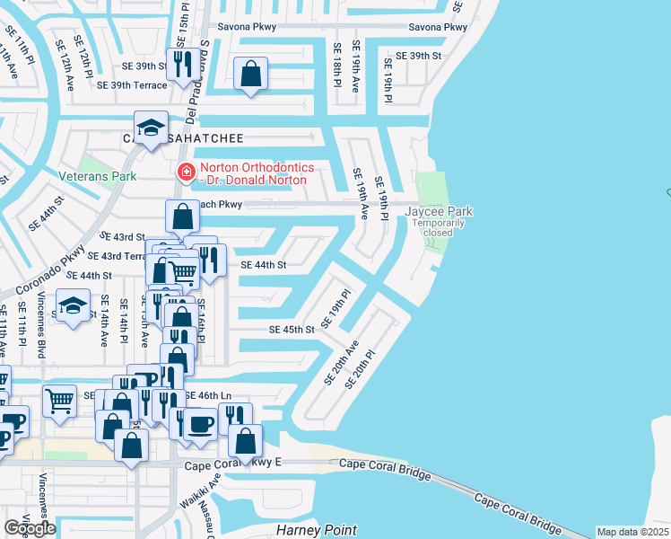 map of restaurants, bars, coffee shops, grocery stores, and more near 1905 Southeast 44th Street in Cape Coral