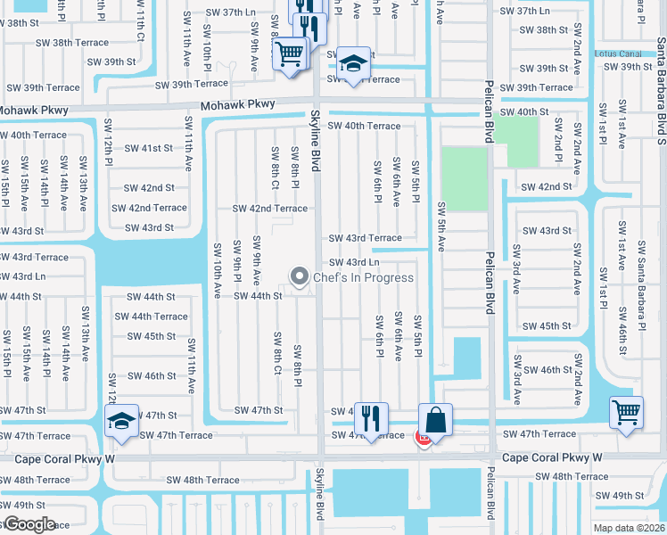 map of restaurants, bars, coffee shops, grocery stores, and more near 4324 Southwest 7th Place in Cape Coral