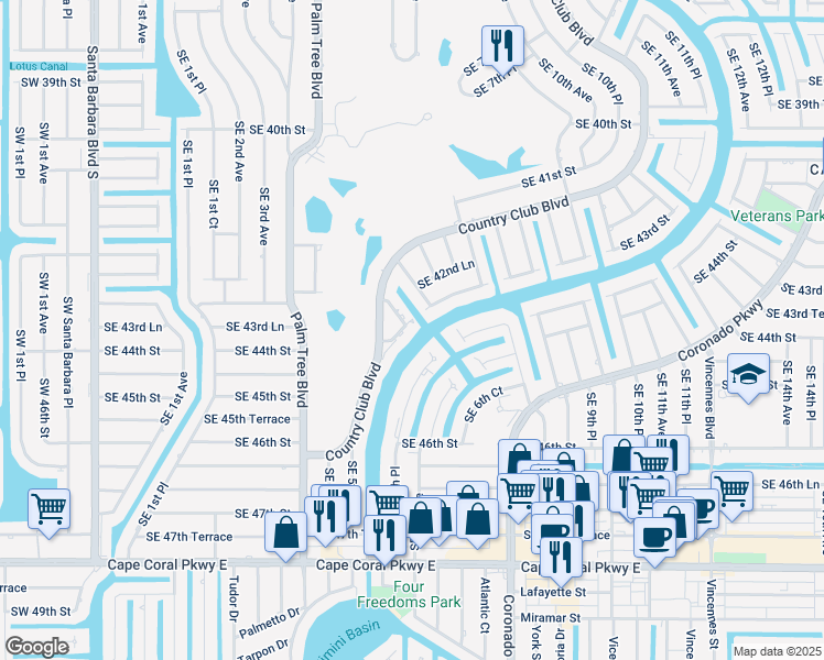 map of restaurants, bars, coffee shops, grocery stores, and more near 521 Southeast 43rd Street in Cape Coral