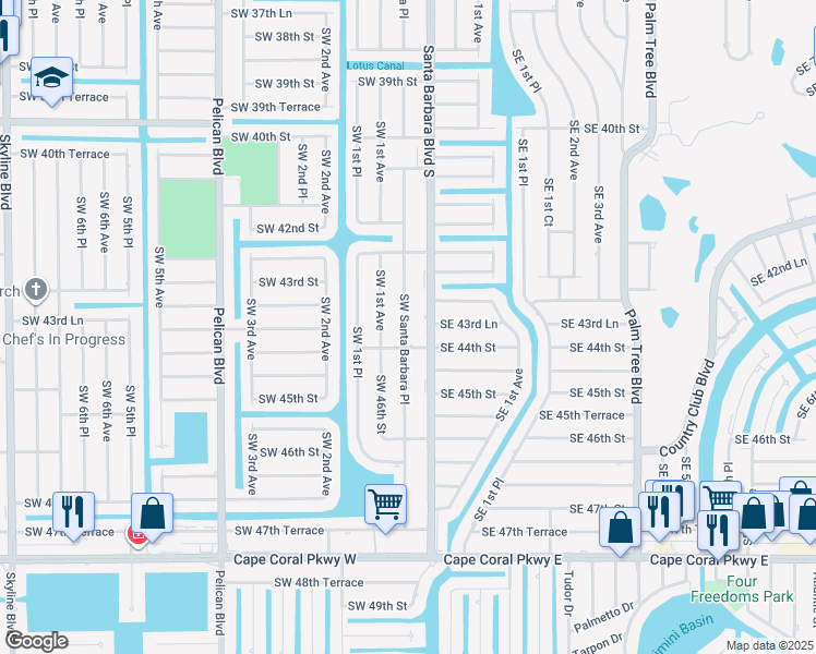 map of restaurants, bars, coffee shops, grocery stores, and more near 4335 Southwest Santa Barbara Place in Cape Coral