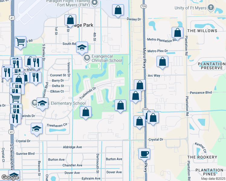 map of restaurants, bars, coffee shops, grocery stores, and more near 5860 Trailwinds Drive in Fort Myers