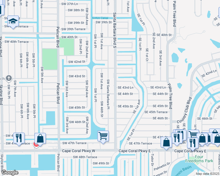 map of restaurants, bars, coffee shops, grocery stores, and more near 4335 Southwest Santa Barbara Place in Cape Coral