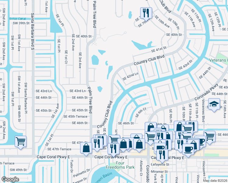 map of restaurants, bars, coffee shops, grocery stores, and more near 4349 Country Club Boulevard in Cape Coral