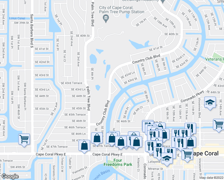 map of restaurants, bars, coffee shops, grocery stores, and more near 4349 Country Club Boulevard in Cape Coral