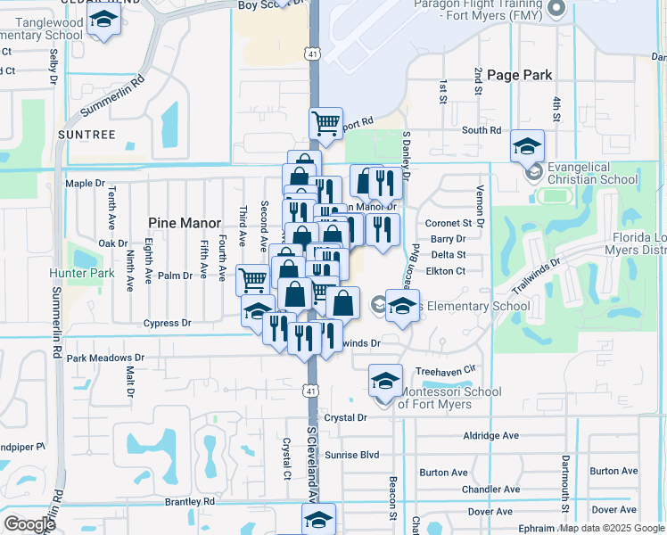 map of restaurants, bars, coffee shops, grocery stores, and more near 11621 South Cleveland Avenue in Fort Myers