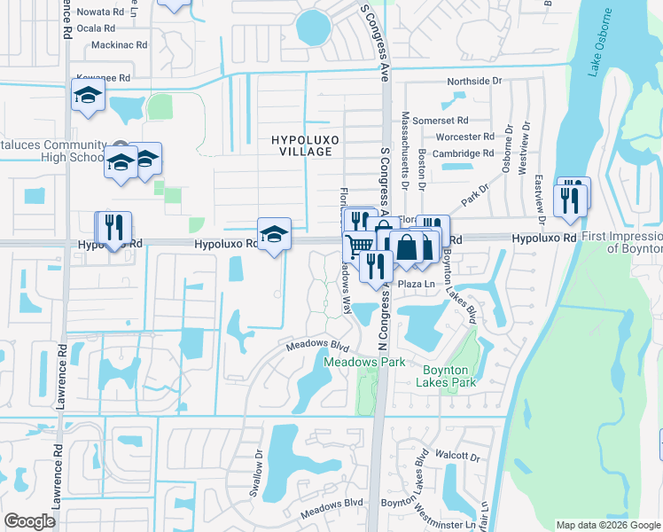 map of restaurants, bars, coffee shops, grocery stores, and more near 410 Meadows Circle in Boynton Beach