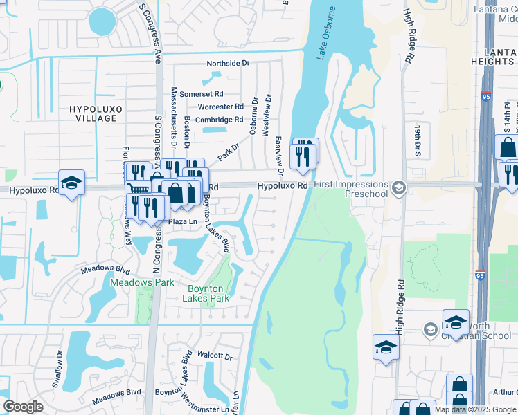map of restaurants, bars, coffee shops, grocery stores, and more near 73 Paxford Lane in Boynton Beach