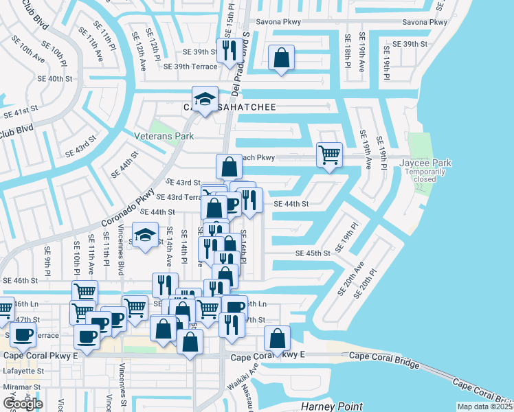 map of restaurants, bars, coffee shops, grocery stores, and more near 4312 Southeast 16th Place in Cape Coral