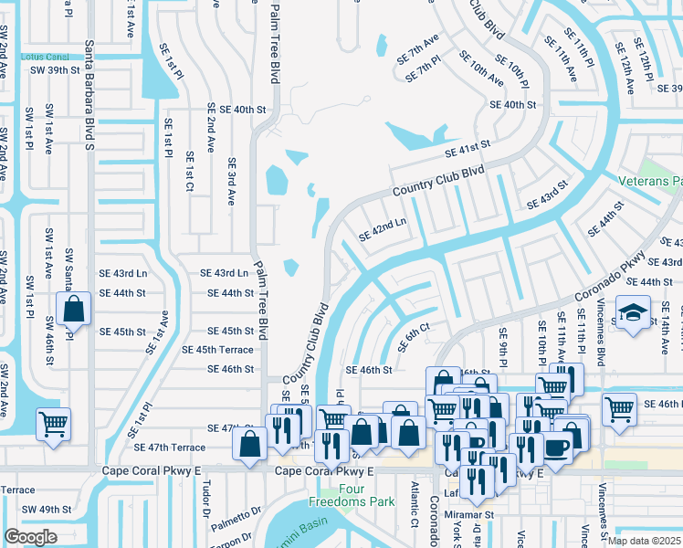 map of restaurants, bars, coffee shops, grocery stores, and more near 4349 Country Club Boulevard in Cape Coral