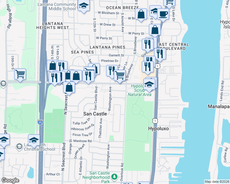 map of restaurants, bars, coffee shops, grocery stores, and more near 1092 James Road in Lantana