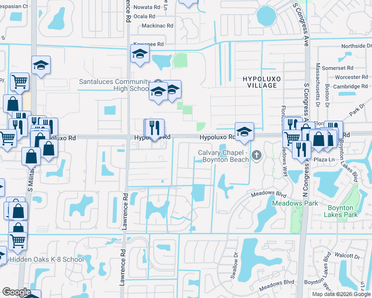 map of restaurants, bars, coffee shops, grocery stores, and more near 7027 Middlebury Drive in Boynton Beach