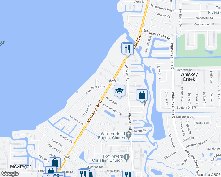 map of restaurants, bars, coffee shops, grocery stores, and more near 11861 McGregor Boulevard in Fort Myers