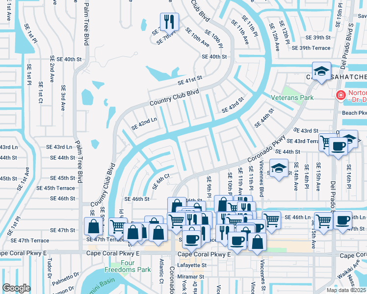 map of restaurants, bars, coffee shops, grocery stores, and more near 4406 Southeast 9th Avenue in Cape Coral
