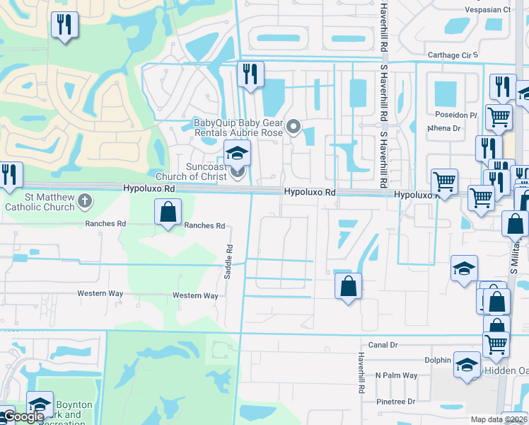 map of restaurants, bars, coffee shops, grocery stores, and more near 5445 Sandbirch Way in Greenacres