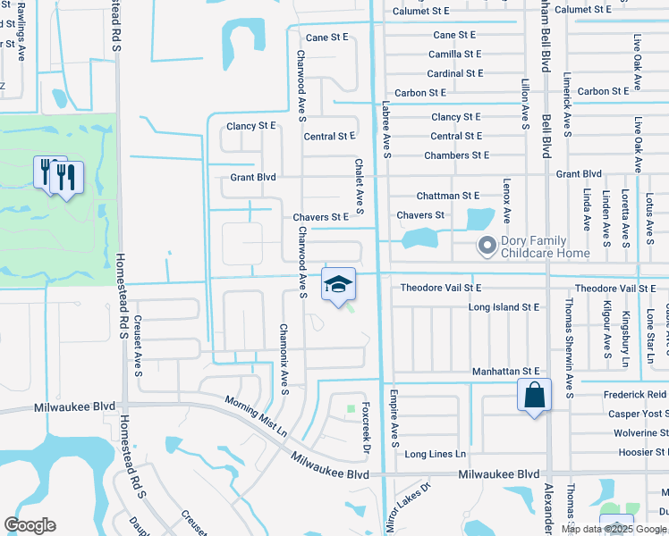 map of restaurants, bars, coffee shops, grocery stores, and more near 668 Chemstrand Street East in Lehigh Acres