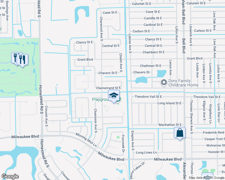 map of restaurants, bars, coffee shops, grocery stores, and more near 668 Chemstrand Street East in Lehigh Acres