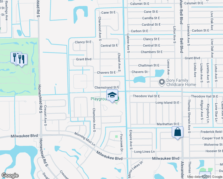 map of restaurants, bars, coffee shops, grocery stores, and more near 668 Chemstrand Street East in Lehigh Acres