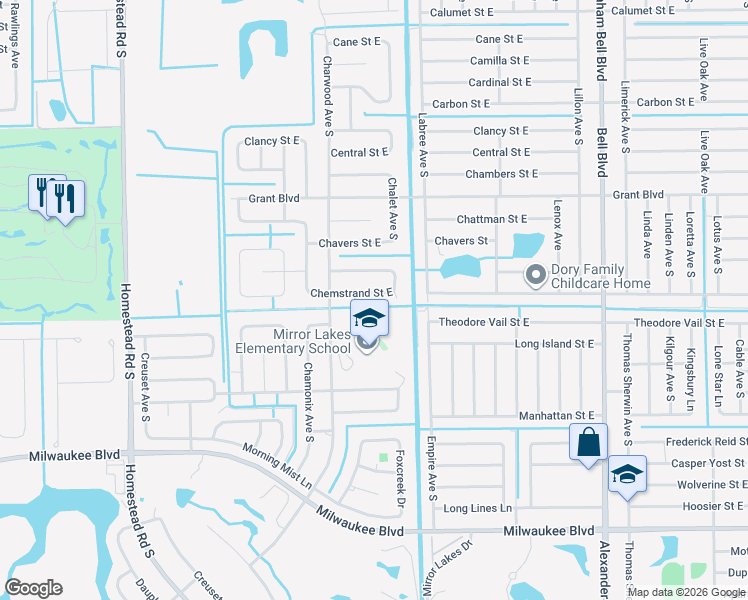 map of restaurants, bars, coffee shops, grocery stores, and more near 668 Chemstrand Street East in Lehigh Acres