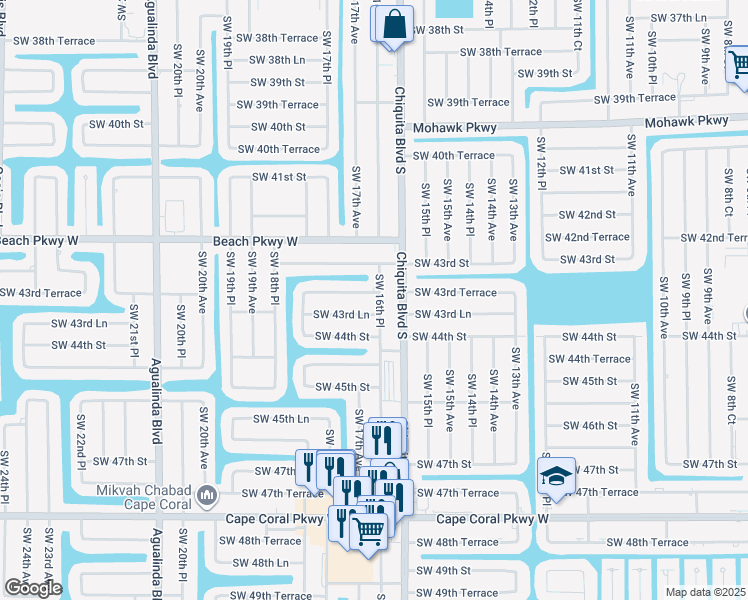 map of restaurants, bars, coffee shops, grocery stores, and more near 1614 Southwest 43rd Terrace in Cape Coral