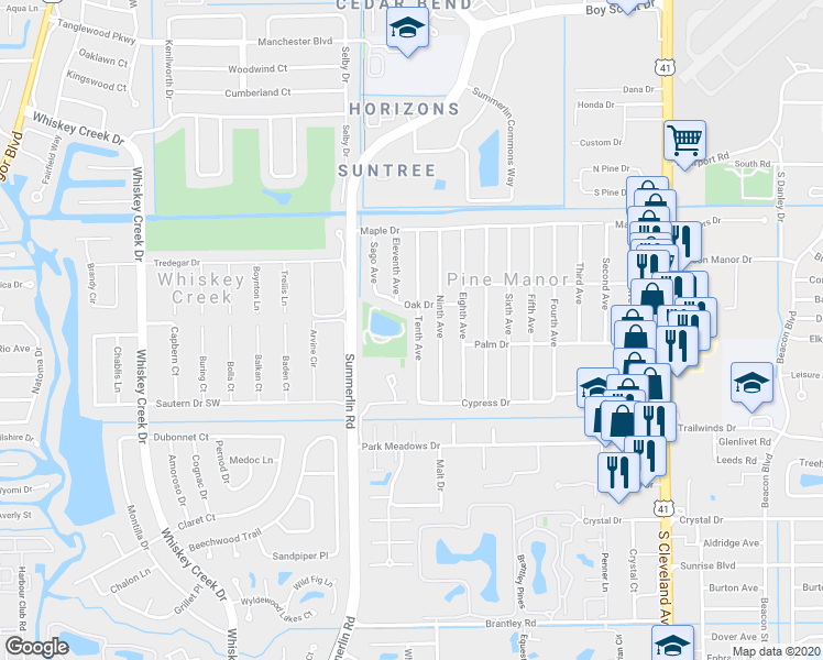 map of restaurants, bars, coffee shops, grocery stores, and more near 5544 Tenth Avenue in Fort Myers