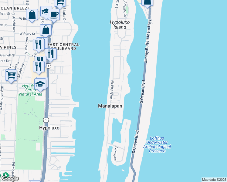 map of restaurants, bars, coffee shops, grocery stores, and more near 1 Little Pond Road in Lantana
