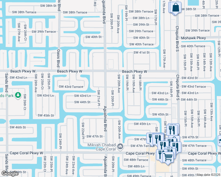 map of restaurants, bars, coffee shops, grocery stores, and more near 4329 Agualinda Boulevard in Cape Coral
