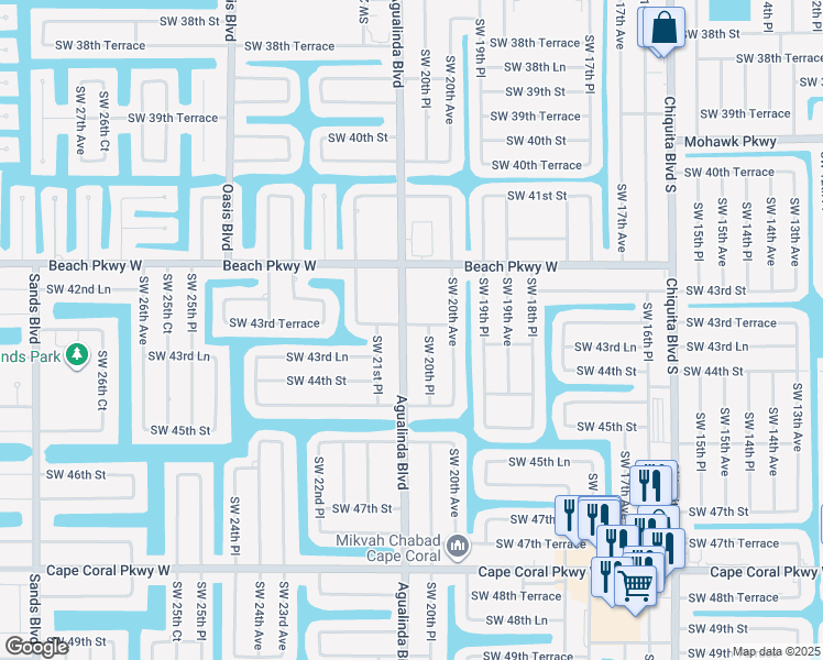 map of restaurants, bars, coffee shops, grocery stores, and more near 4329 Agualinda Blvd in Cape Coral