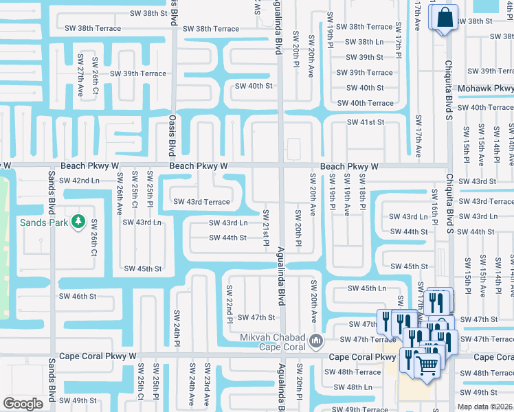 map of restaurants, bars, coffee shops, grocery stores, and more near 2122 Southwest 43rd Terrace in Cape Coral