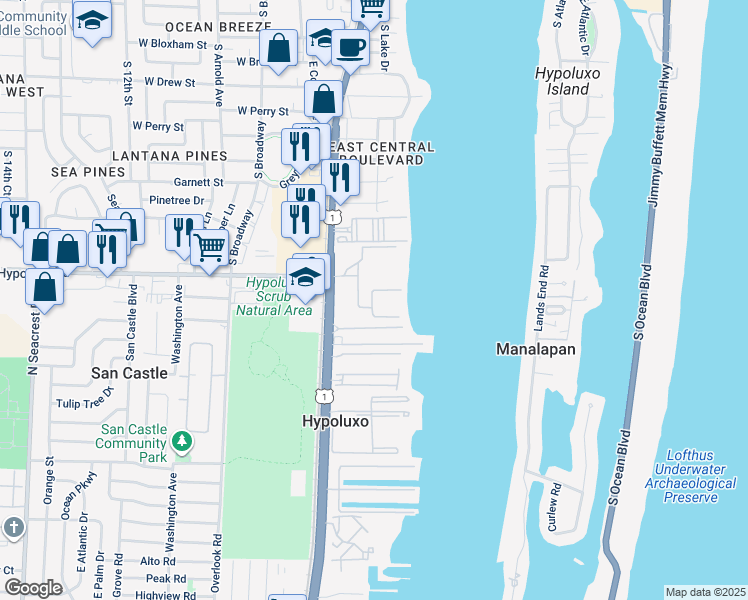 map of restaurants, bars, coffee shops, grocery stores, and more near 7070 Half Moon Circle in Hypoluxo