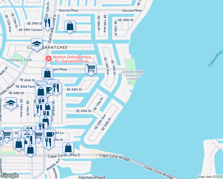 map of restaurants, bars, coffee shops, grocery stores, and more near 127 Southeast 43rd Street in Cape Coral