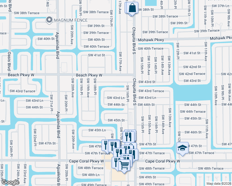 map of restaurants, bars, coffee shops, grocery stores, and more near 1706 Southwest 43rd Terrace in Cape Coral