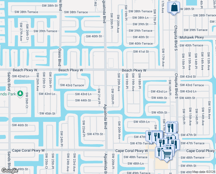 map of restaurants, bars, coffee shops, grocery stores, and more near 4329 Agualinda Boulevard in Cape Coral