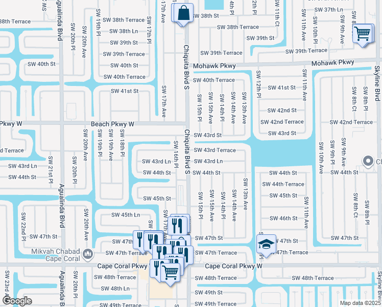map of restaurants, bars, coffee shops, grocery stores, and more near 1526 Southwest 43rd Terrace in Cape Coral