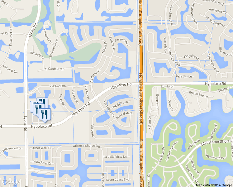 map of restaurants, bars, coffee shops, grocery stores, and more near 7096 Via Leonardo in Lake Worth