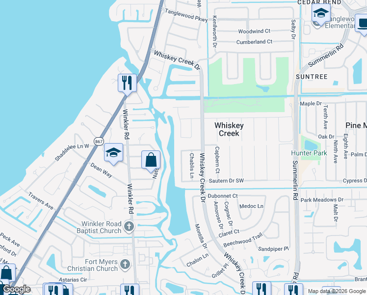map of restaurants, bars, coffee shops, grocery stores, and more near 1380 Burgundy Drive in Fort Myers