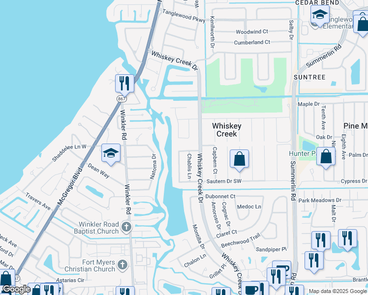 map of restaurants, bars, coffee shops, grocery stores, and more near 1380 Burgundy Drive in Fort Myers