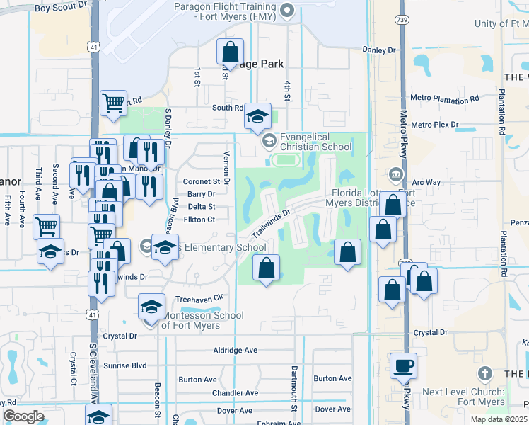 map of restaurants, bars, coffee shops, grocery stores, and more near 5635 Trailwinds Drive in Fort Myers