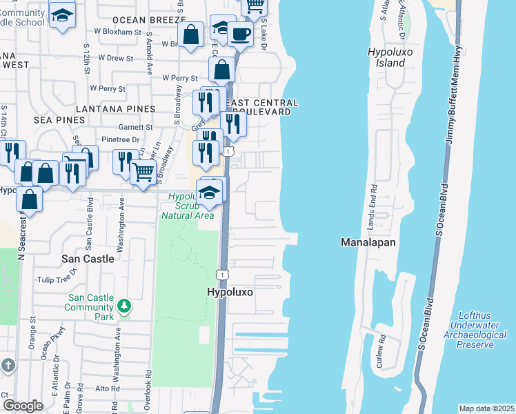 map of restaurants, bars, coffee shops, grocery stores, and more near 107 Half Moon Circle in Hypoluxo