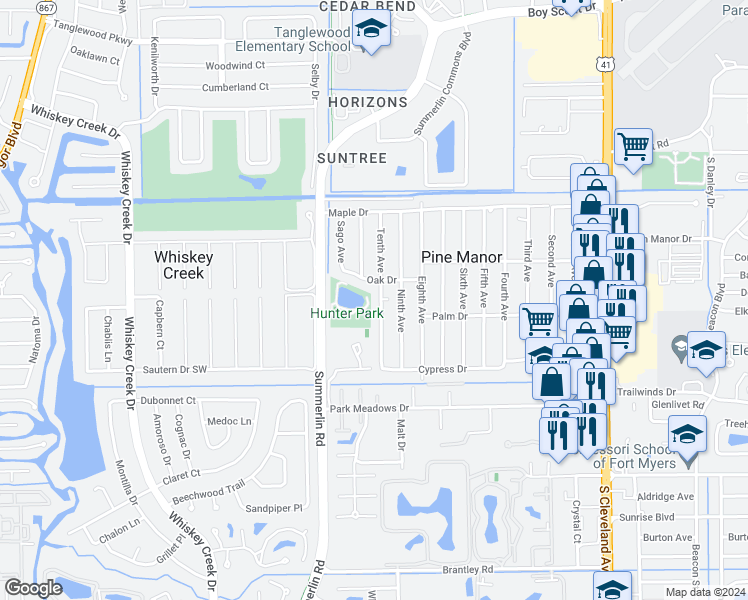 map of restaurants, bars, coffee shops, grocery stores, and more near 5544 Tenth Avenue in Fort Myers