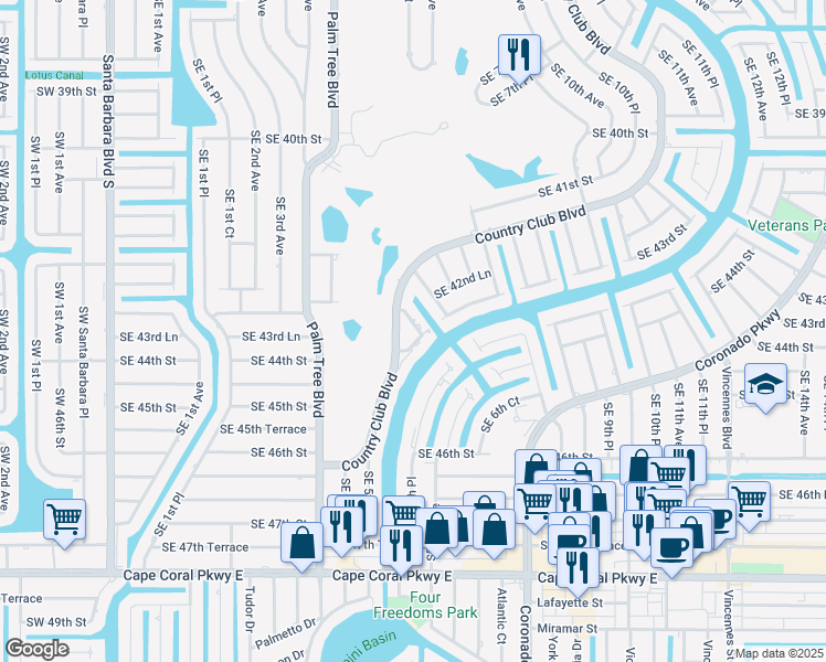 map of restaurants, bars, coffee shops, grocery stores, and more near 4349 Country Club Boulevard in Cape Coral