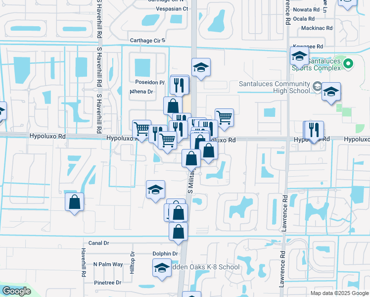 map of restaurants, bars, coffee shops, grocery stores, and more near 7005 South Military Trail in Lake Worth