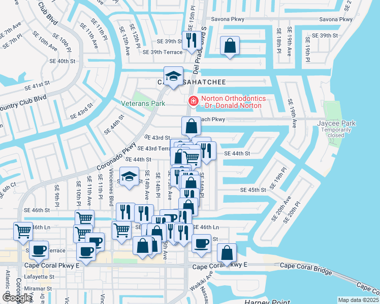 map of restaurants, bars, coffee shops, grocery stores, and more near 4309 Del Prado Boulevard South in Cape Coral